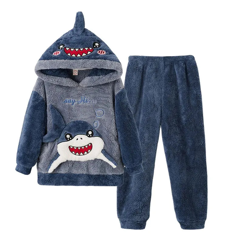 Pigiama invernale caldo per ragazzi con animali dei cartoni animati, set pigiama per bambini in pile di corallo, completo da casa in flanella con cappuccio, pigiama per ragazzi