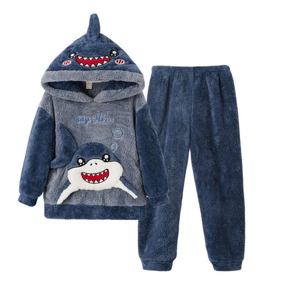 Pigiama invernale caldo per ragazzi con animali dei cartoni animati, set pigiama per bambini in pile di corallo, completo da casa in flanella con cappuccio, pigiama per ragazzi