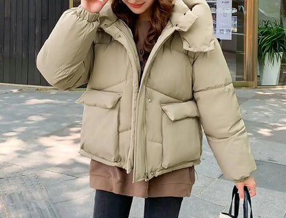 New Winter Fashion Long Sleeve Stand Up Collar Zipper Loose Solid Color Thick Hooded Down Jacket For Women,7 Colors