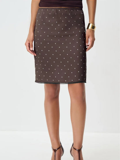 Articat Fashion Satin Polka Dot Print Bodycon Skirt Women Sexy Tight Zipper Lace Trim Half Skirt Autumn New Office Streetwear
