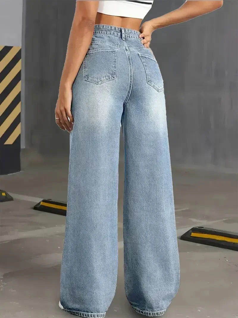 Jeans Y2k da donna, classici, blu, gamba dritta elasticizzata, design semplice, stile retrò, pantaloni in denim elasticizzato