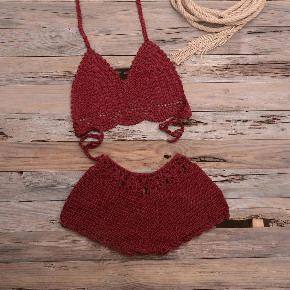 Hand-Knitted Hollow out Bikini Swimwear Beach Holiday Sand Beach Women's Two-Piece Swimsuit Lace Trim Hooked Design Outdoor Spor
