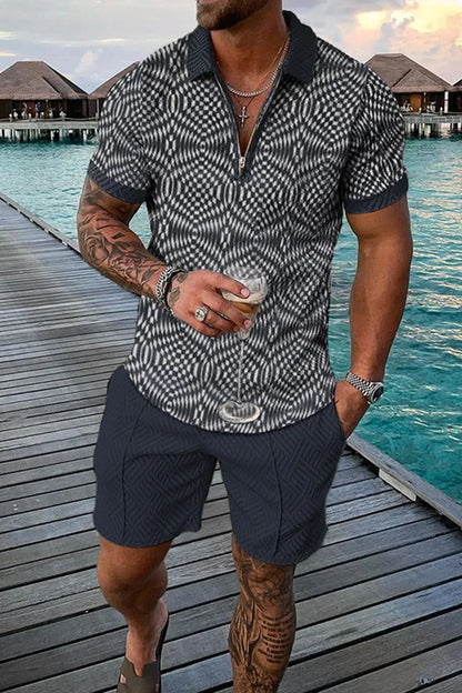 Completo estivo vintage casual a righe con stampa 3D, composto da polo, polo con cerniera e colletto, pantaloncini con cerniera, stile vacanze hawaiane da uomo.