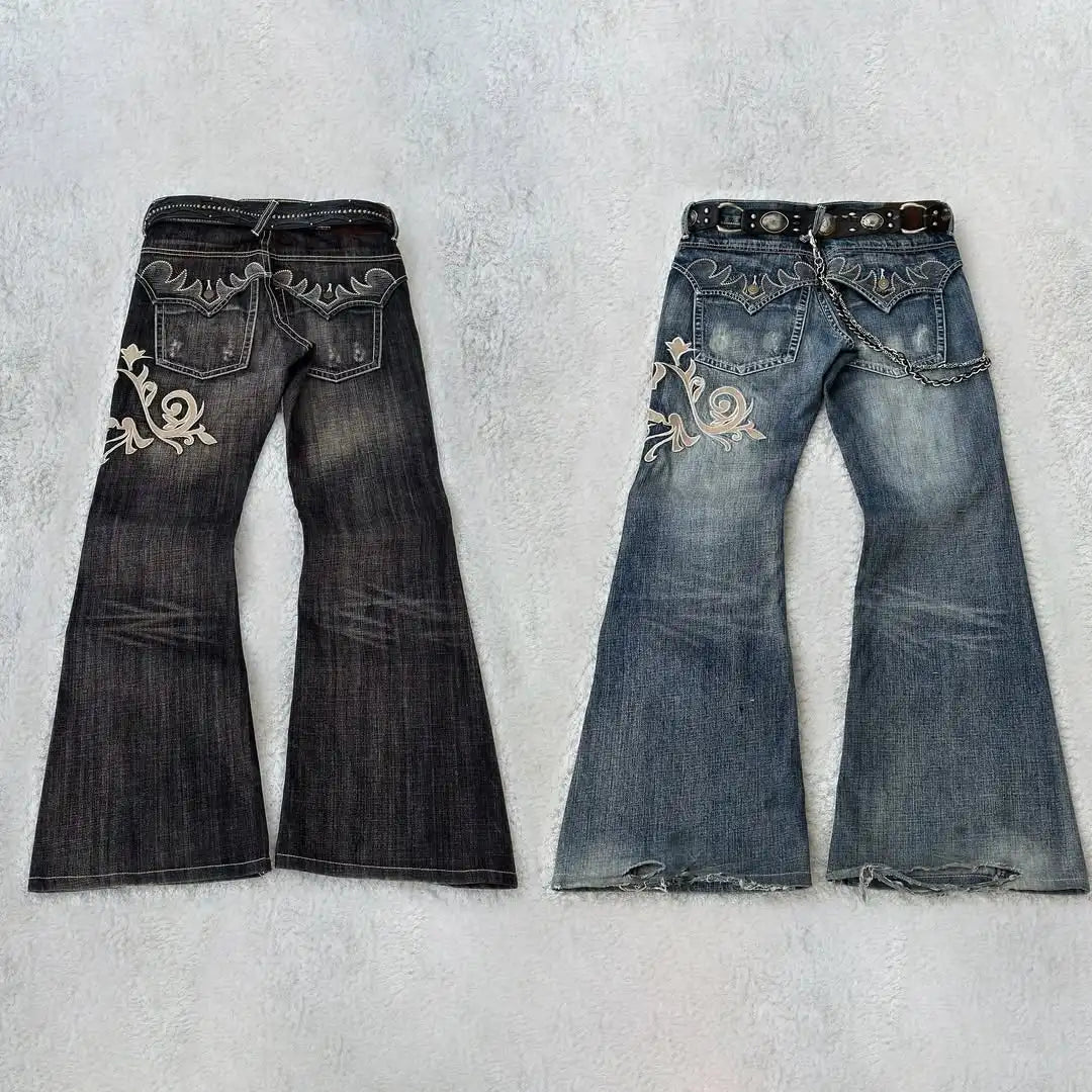 Y2K new American retro embroidery pattern women horn -shaped jeans street fashion Gothic slim mop pants women jeans