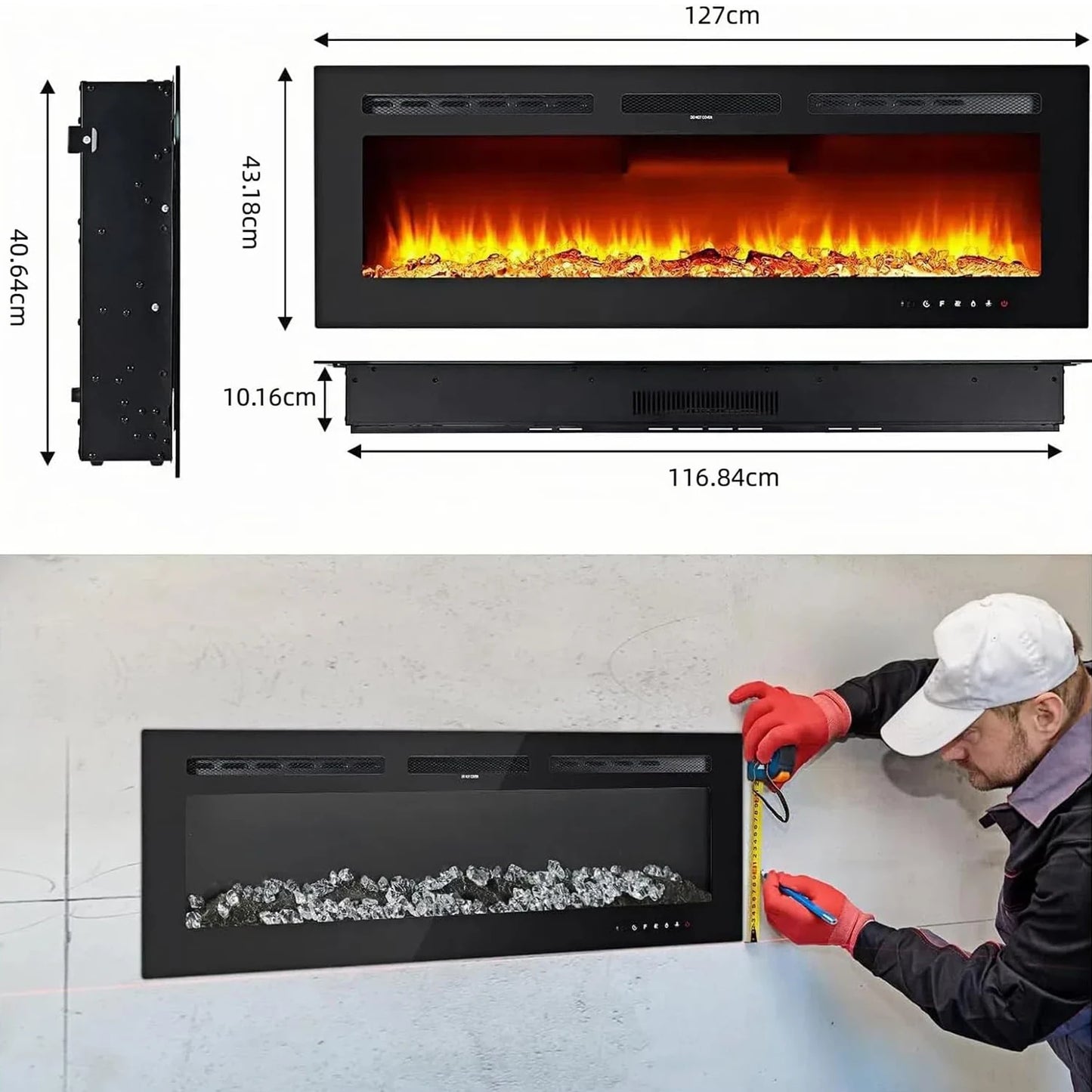 Caminetto elettrico a parete da 40/50/60 pollici, 220 V 1500 W, due livelli di riscaldamento, 12 modalità di colore LED 3D ed effetto fiamma realistico.