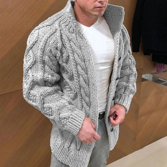 Cardigan/maglione da uomo pesante a maniche lunghe, con collo alto e chiusura monopetto, ideale per l'autunno e l'inverno.