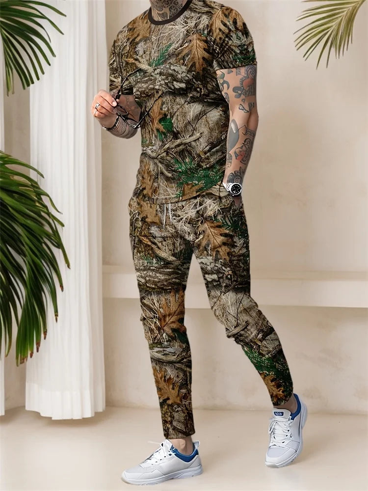 Abstract Zipper 3D Printed Men's Casual Thin Short-sleeved Long Pants Set, Urban Street Casual Fashion Men's 2pcs Long Pants Set