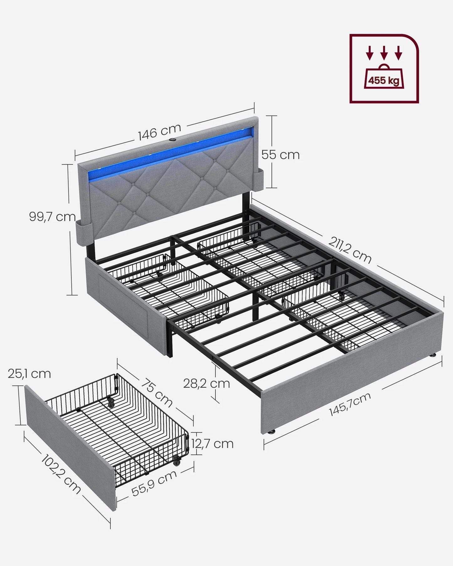 VASAGLE Letto imbottito, struttura letto matrimoniale, struttura letto, letto in metallo (LED, 4 cassetti, stazione di ricarica)