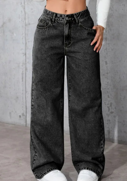 High-Waisted Straight-Leg Jeans Women's Loose Fit American Blue Washed Fashion with Front & Back Pockets for Daily Casual Wear