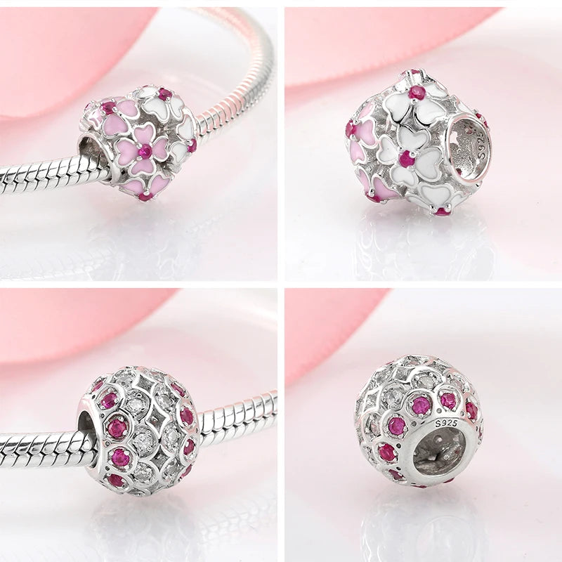 100% autentico argento sterling 925, cuore rosa, perline di zirconi trasparenti, compatibile con i charm europei originali, braccialetti e creazione di gioielli