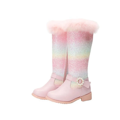 Nuovi stivali rosa da bambina per l'autunno/inverno 2023, modello principessa arcobaleno, lunghezza al ginocchio, con pelliccia sintetica.