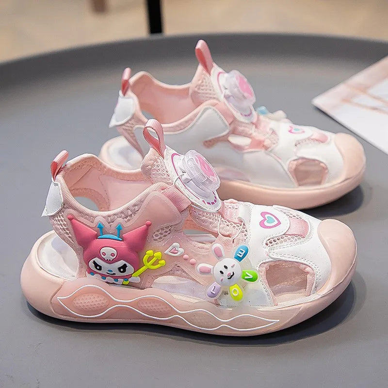 Sandali da bambina in pelle sintetica PU con stampa a cartoni animati, estivi, alla moda, con suola piatta, traspiranti e antiscivolo, rosa e viola, taglie 26-37.