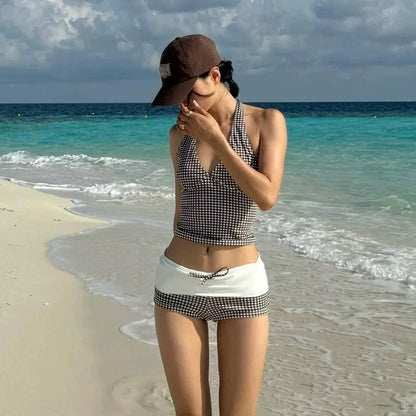 Color Block Plaid Halter Neck Bikini Set Women Slimming Drop Waisted Unique Designer Two Piece for Hot Spring Beach Vacation
