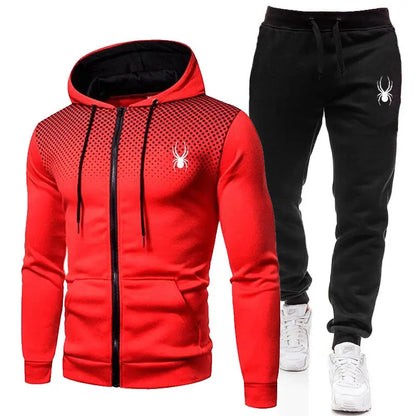 Completo uomo primavera/autunno, casual sportivo, composto da giacca con cappuccio e cerniera stampata + pantaloni, due pezzi di abbigliamento alla moda per uomo.