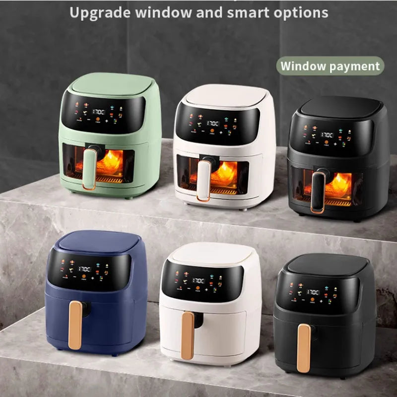 Nuova friggitrice ad aria ad alta capacità in acciaio inossidabile da 8 litri, forno elettrico domestico visivo, multifunzionale, senza olio, per la casa, nero, bianco e verde