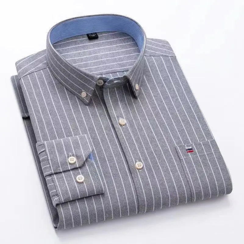 Camicia da uomo a quadri con bottoni a maniche lunghe in cotone 100%, con tasca singola sul petto, vestibilità standard, casual, stile Oxford a quadri e righe