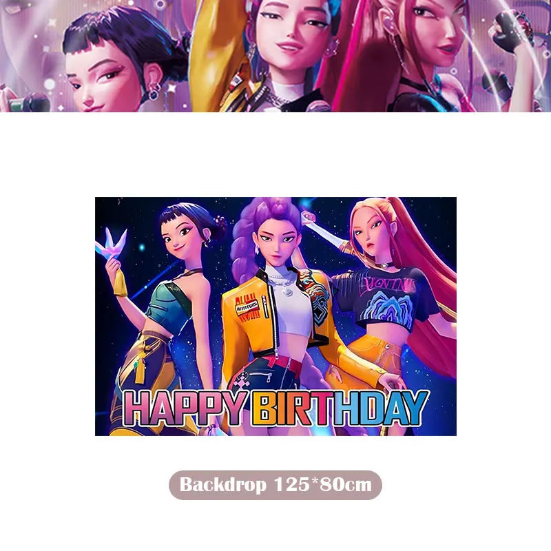Kpop Demon Hunter Birthday Decoration Set Kpop Girl Cup Pate Happy Balloon Happy Banner Gift Bags Supplies for Kids Party Favors