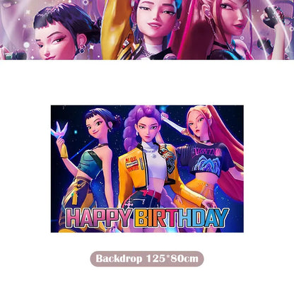 Kpop Demon Hunter Birthday Decoration Set Kpop Girl Cup Pate Happy Balloon Happy Banner Gift Bags Supplies for Kids Party Favors