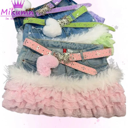 Mikumn Japanese Y2K Aesthetic Vintage Low Waist Lace Patchwork Denim Skirt Harajuku Girls Kawaii Pink Purple Green Cake Skirts