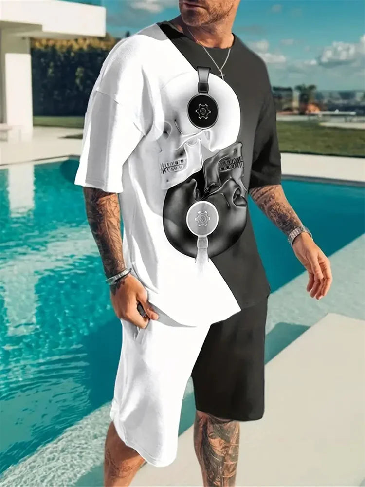 T-shirt casual a maniche corte per vacanze, pantaloncini da strada per esterni, set di pantaloncini estivi da uomo a maniche corte, set da uomo con stampa teschio, modello alla moda