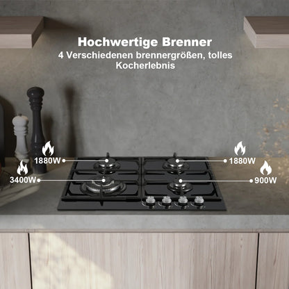 Piano cottura a gas da 58 cm | 4 fuochi a doppia alimentazione (gas naturale/GPL) 8060 W con spegnimento automatico della fiamma e superficie in vetro temperato | Da incasso/a libera installazione 220-240 V