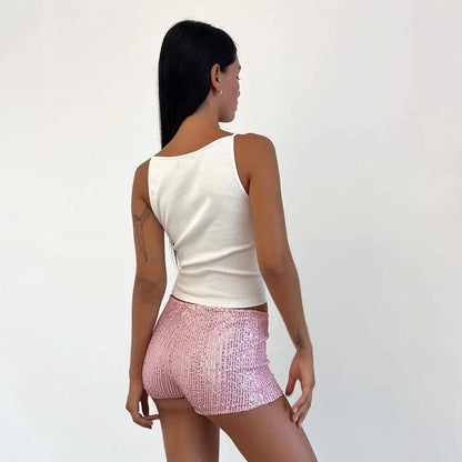 Fashionable Slim Fit Sequin Solid Color Black Mid Waist Sexy Straight Leg Women's Shorts 2025 Multicolor Hot Pants