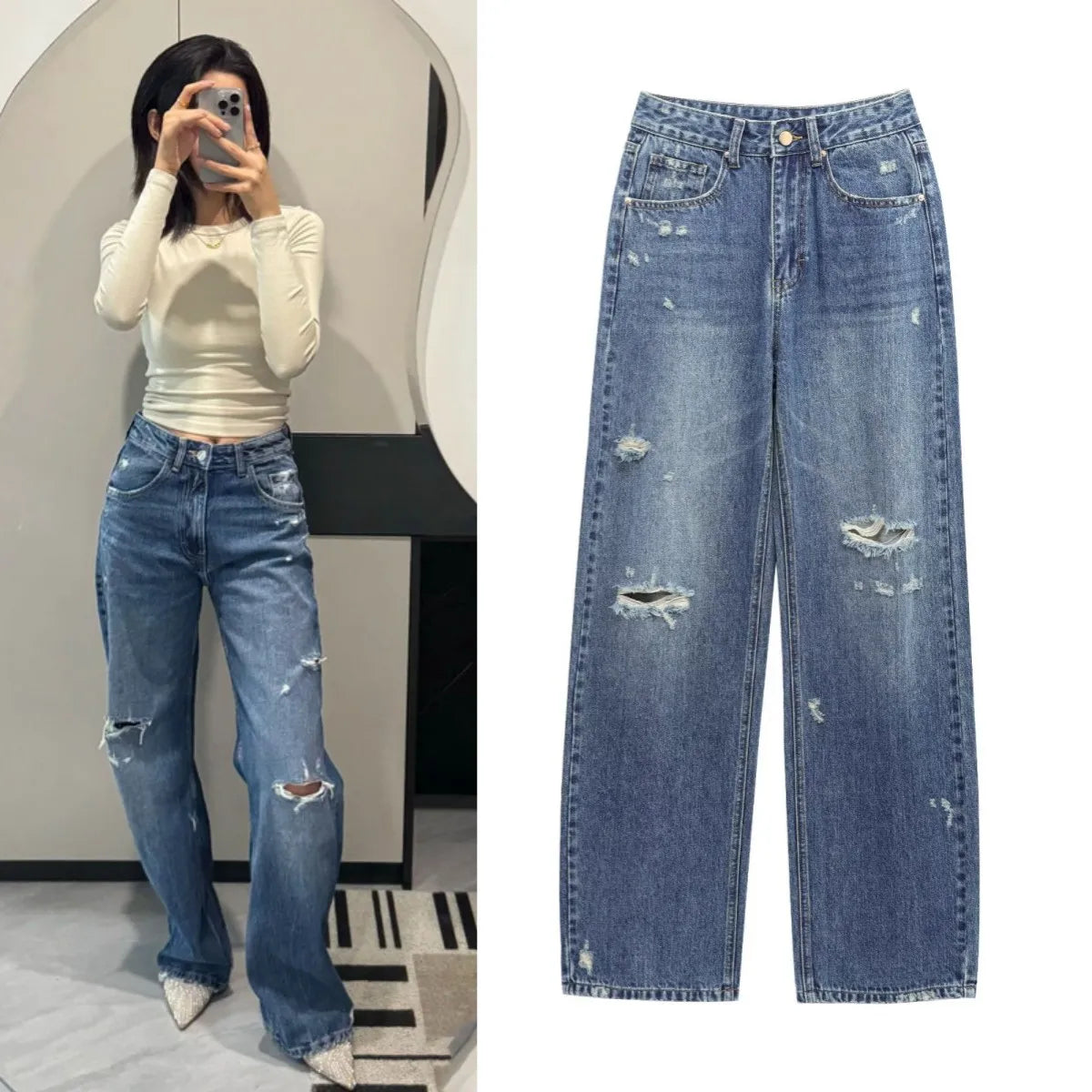 ETJ 2025  Spring new women's 1975 series high-waisted curved silhouette all cotton old ripped detail wide leg jeans