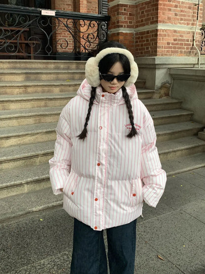 Overcoat 2025 Parkas Fashion Temperament Striped Warm Hooded Women's Quilted Cotton Coat Winter Loose Casual Women Cotton Coat
