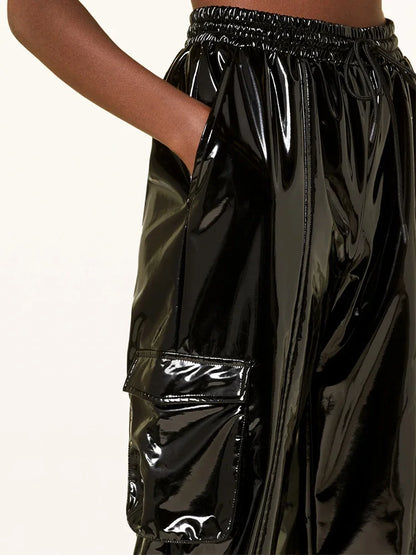Casual High Waist Faux Latex Cargo Pants Women Shiny Patent Leather Drawstring Elastic Waistband Bloomers PU Sweatpants Custom