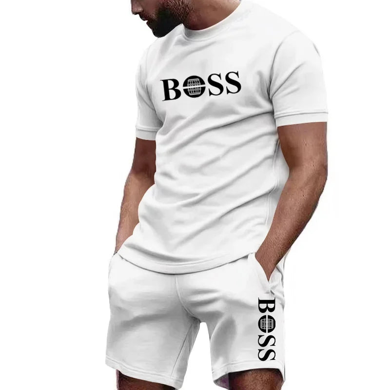 Completo sportivo da uomo a due pezzi con t-shirt a maniche corte e pantaloni, ideale per corsa e fitness, collezione estate 2026 con grandi sconti.