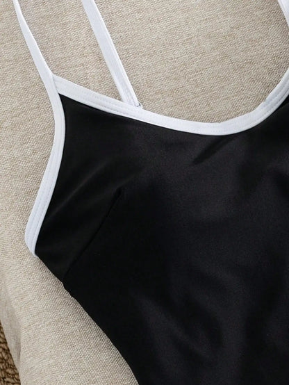 Women's Black One-Piece Swimsuit with White Trim, Low Back High Cut Cheeky Bathing Suit, Summer Beach Swimwear for Vacation