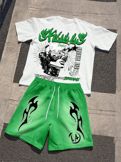 Summer men's fashionable breathable comfortable letter printed round neck T-shirt shorts set outdoor casual top