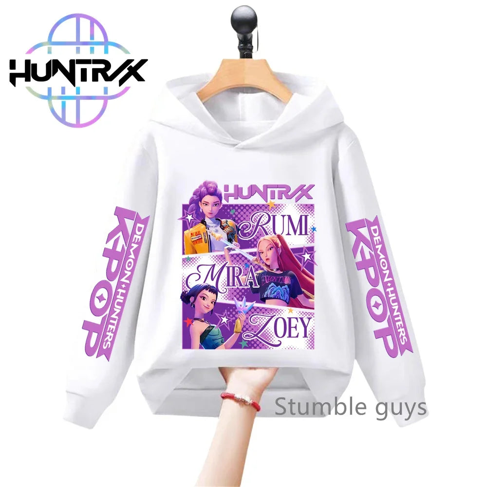Felpa con cappuccio a maniche lunghe per bambini con stampa anime autunnale KPop Demon Hunters, abbigliamento sportivo, vestiti casual per ragazzi e ragazze.