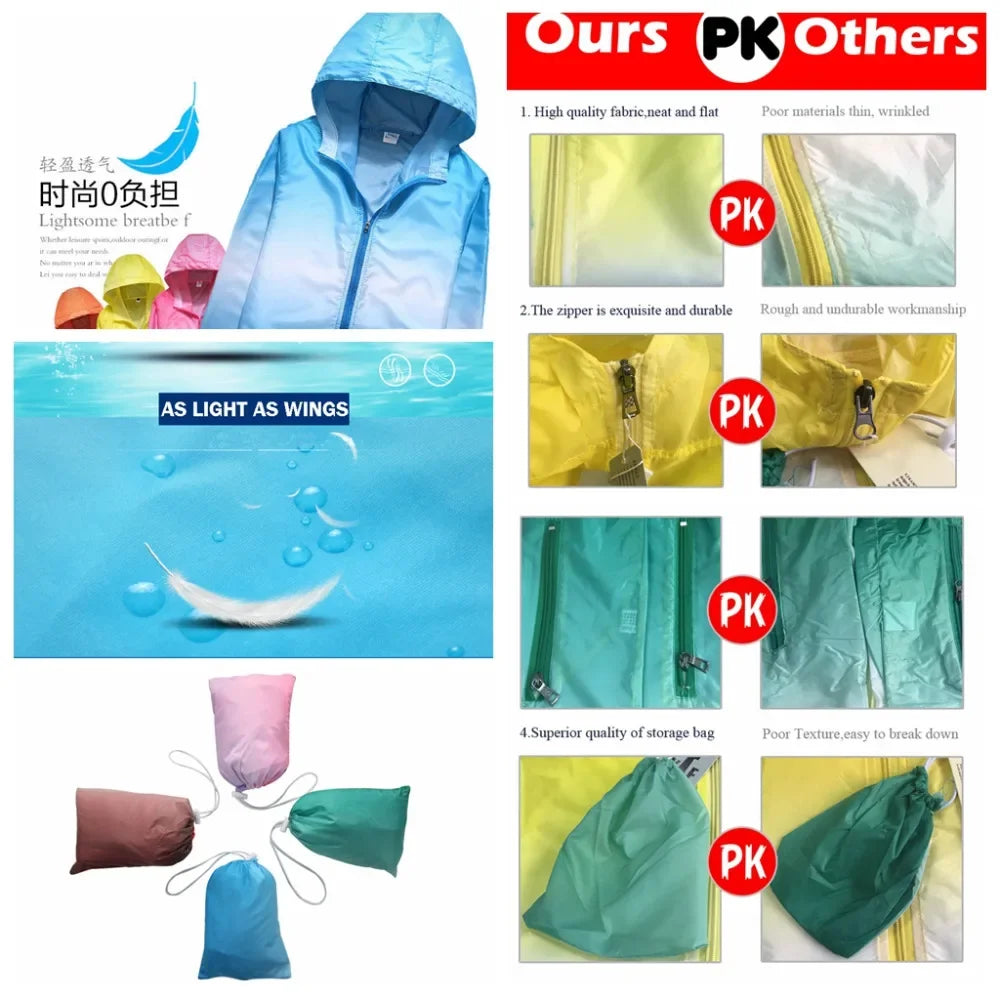 Giacca da campeggio ultra sottile e ultra leggera per uomo, donna, bambini e ragazzi, trasparente, anti-UV, ad asciugatura rapida, giacca a vento con colori sfumati.