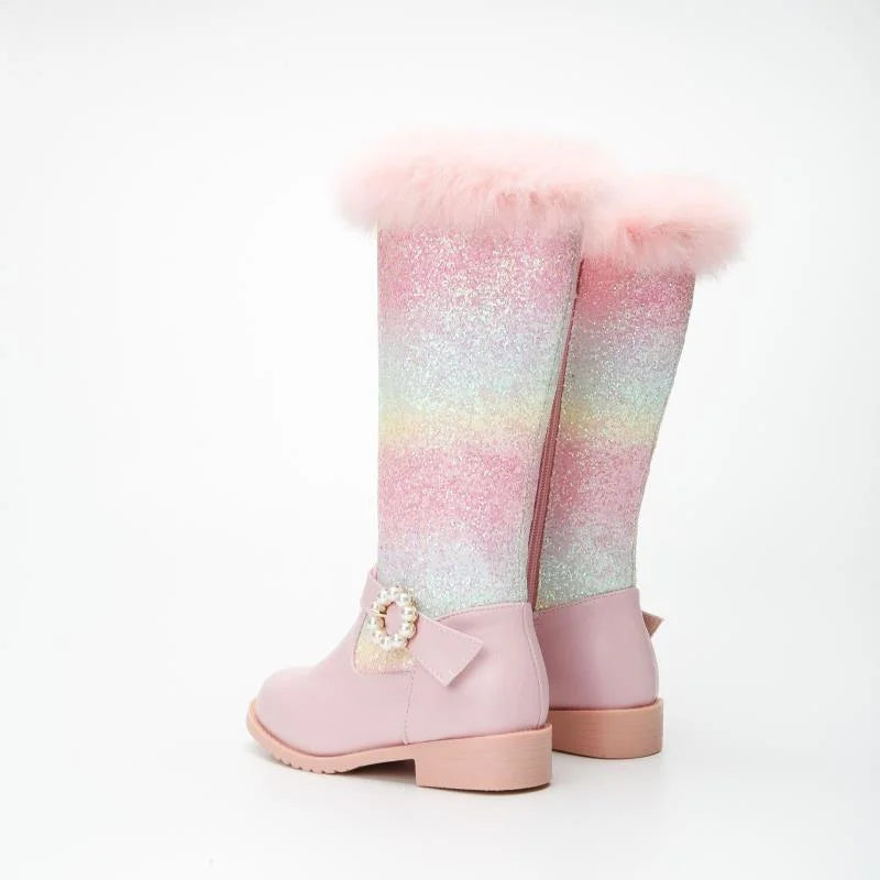 Nuovi stivali rosa da bambina per l'autunno/inverno 2023, modello principessa arcobaleno, lunghezza al ginocchio, con pelliccia sintetica.