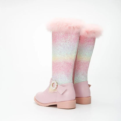Nuovi stivali rosa da bambina per l'autunno/inverno 2023, modello principessa arcobaleno, lunghezza al ginocchio, con pelliccia sintetica.