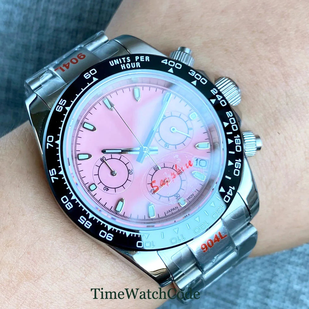 Orologio cronometro Tandorio da uomo, 39 mm, movimento al quarzo VK63, quadrante grigio, vetro zaffiro, cronografo completo, bracciale in acciaio inossidabile 316L, cinturino in gomma.