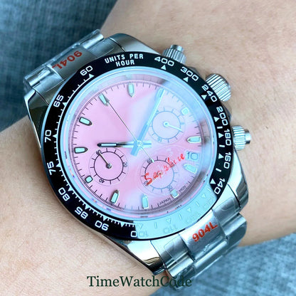 Orologio cronometro Tandorio da uomo, 39 mm, movimento al quarzo VK63, quadrante grigio, vetro zaffiro, cronografo completo, bracciale in acciaio inossidabile 316L, cinturino in gomma.