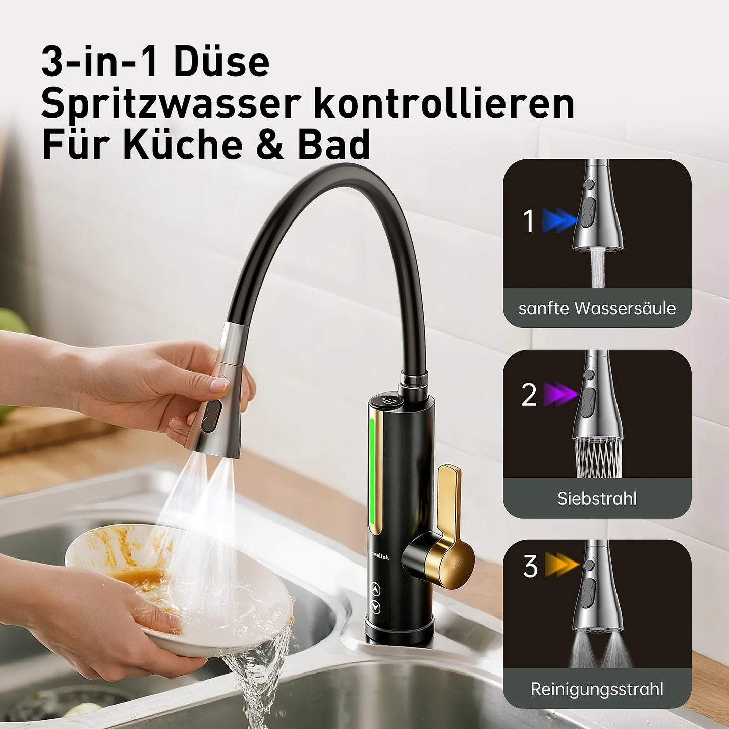 Lovelink faucet with instantaneous water heater with 360 ° flexible hose and color adaptive LED temperature display (black)