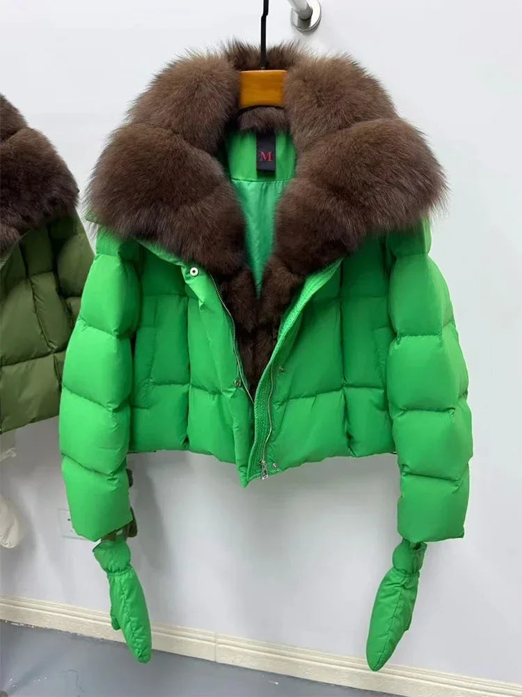 Natural Fox Fur Collar Goose Down Coat Luxury Reality Fur Jacket Huge Women Casual Warm Parka Real Fur Outwear Puffer Jacket