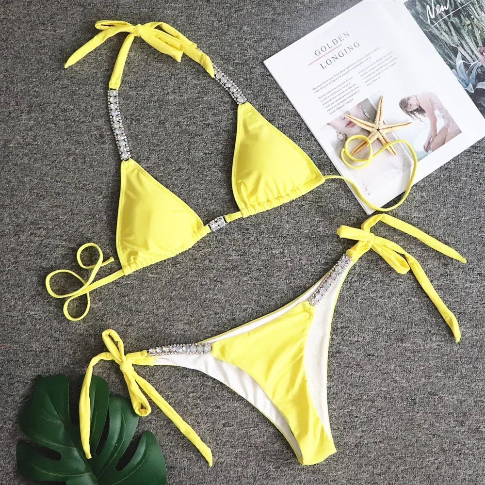 4 Colors Sexy Bikini Women Solid Luxe Rhinestone Bandage Halter Swimwear Swimsuit Female Bikinis Set Bathing Suit Beach Thong