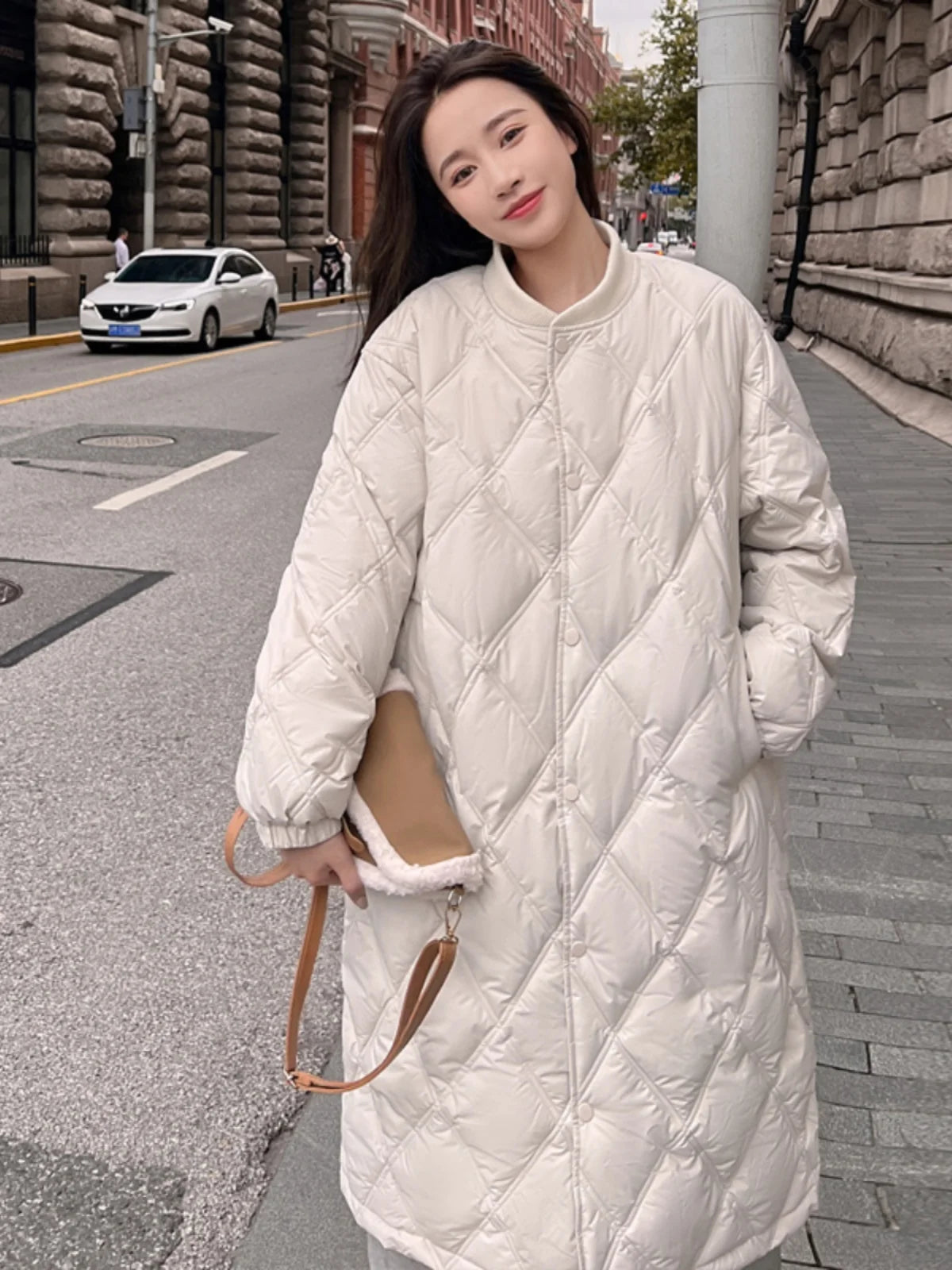 Women's Mid-Length Lightweight down Cotton Jaet Diamond id Knitted Coat Knee-High Winter Faion Korean Sle Loose Fit