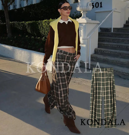 KONDALA Trendy Casual Plaid Trousers Women Elegant Vintage Long Pants 2026 Spring Fashion High Street Commute Chic Female Pants