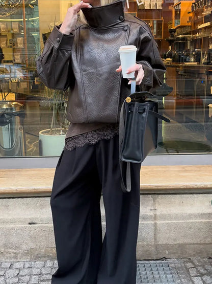 HH 2026 Giacca da donna alla moda in pelle sintetica nera con collo alto, maniche lunghe e cerniera, stile vintage, giacca in pelle sintetica stile streetwear