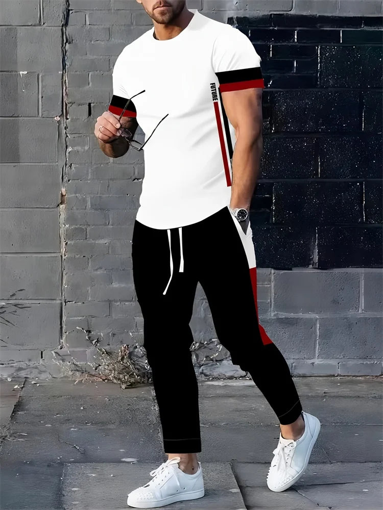 Abstract Zipper 3D Printed Men's Casual Thin Short-sleeved Long Pants Set, Urban Street Casual Fashion Men's 2pcs Long Pants Set