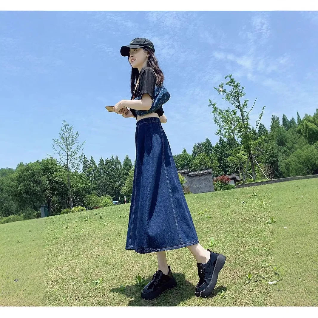 Retro High Waist Midi Denim Skirt Fashionable A- Line Umbrella Skirt Conceals Hip Slimming Drapey Style for Spring Season