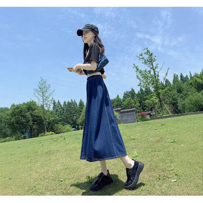 Retro High Waist Midi Denim Skirt Fashionable A- Line Umbrella Skirt Conceals Hip Slimming Drapey Style for Spring Season