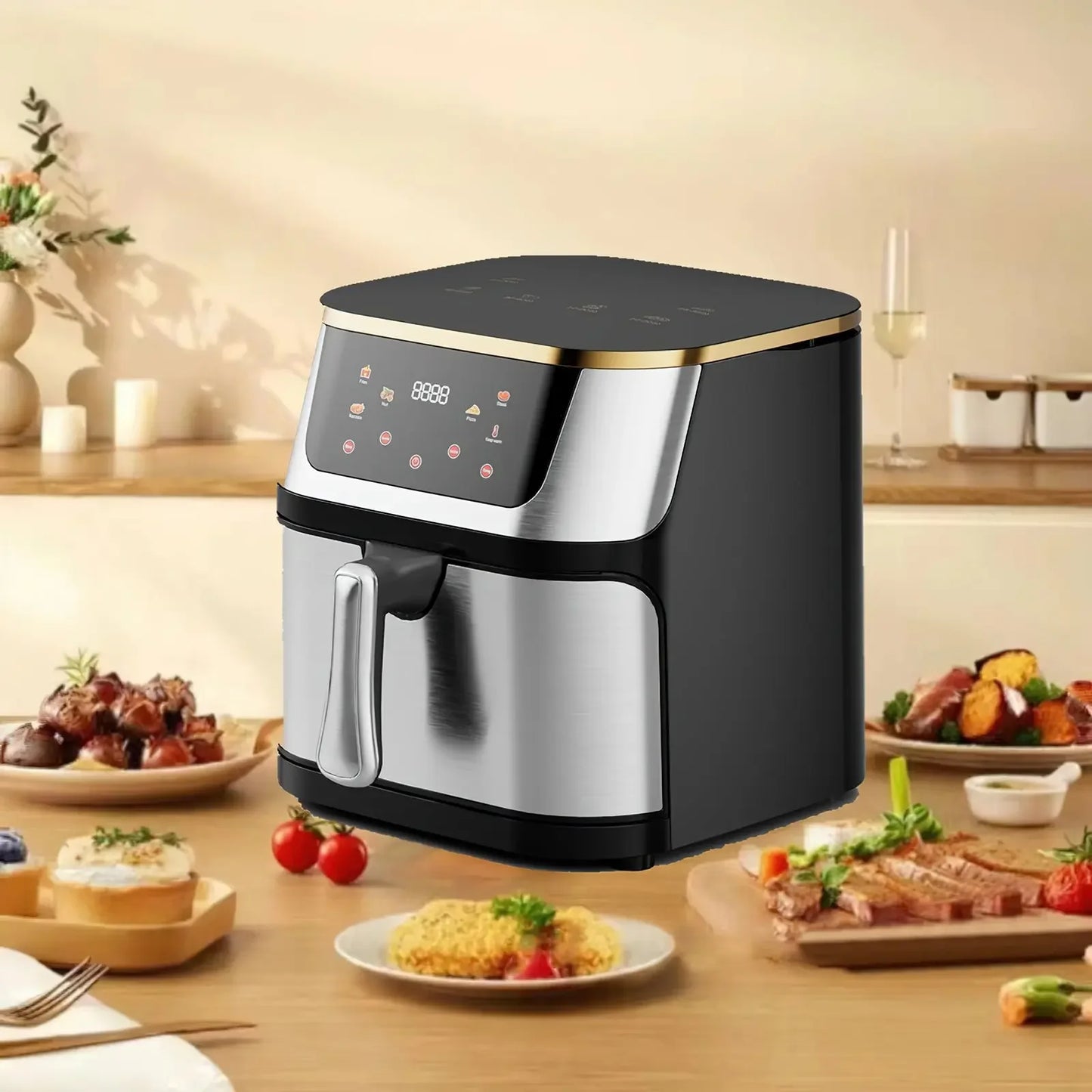 Friggitrice ad aria elettrica ad alta capacità visibile in acciaio inossidabile da 8 litri, forno ad aria multifunzione, touch screen a LED, alta temperatura a 210 °