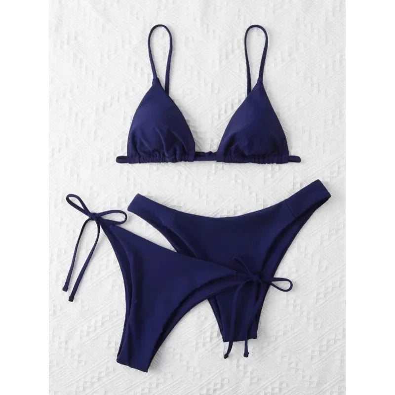 Sexy set bikini a 3 pezzi da donna, tinta unita blu e viola, push-up, a triangolo, costume da bagno brasiliano da spiaggia, costume da bagno bikini