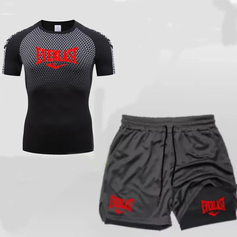 EVERLAST Maglietta a compressione da uomo + pantaloncini sportivi 2 in 1 Set 2 pezzi Tempo libero Traspirante Manica corta Sport Jogging Palestra Abbigliamento di marca Stampa